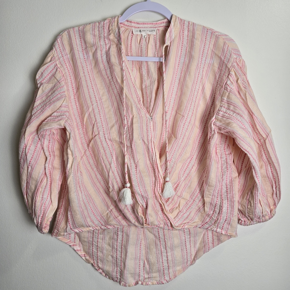 LOU&GREY Boho Shabby Chic Oversized Embroidered Vertical Striped Blouse Top XS